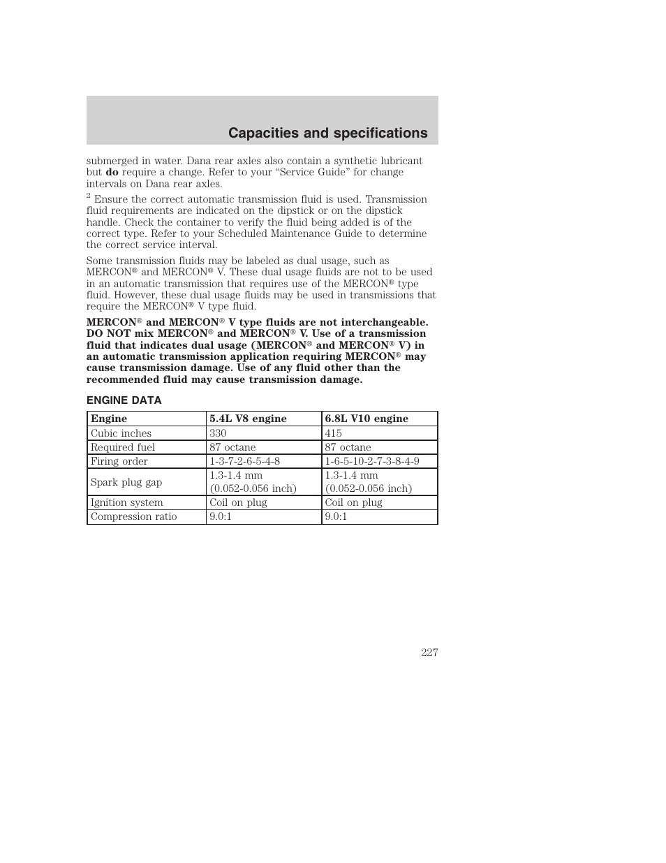 Capacities and specifications | FORD F-250 User Manual | Page 227 / 256
