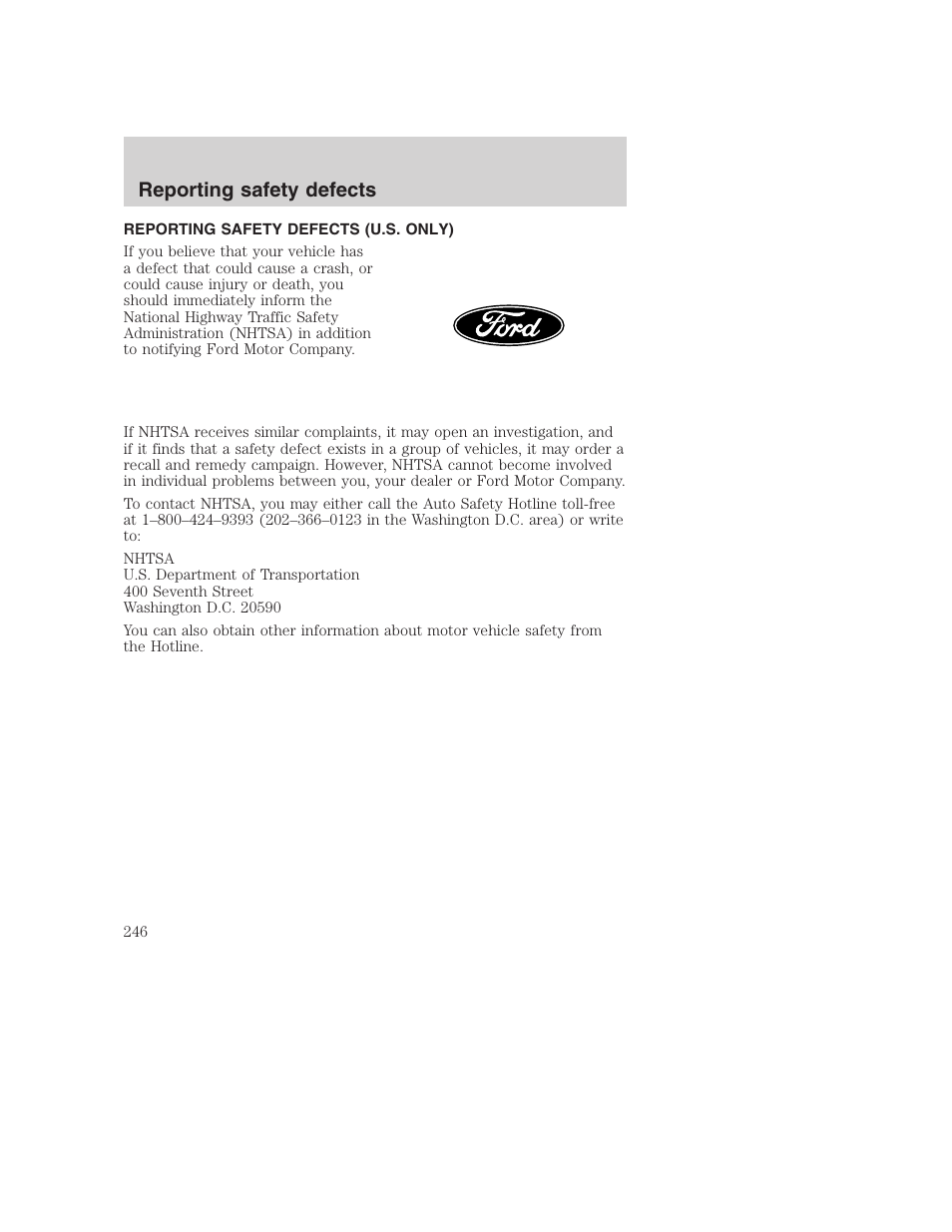 Reporting safety defects | FORD F-250 User Manual | Page 246 / 256
