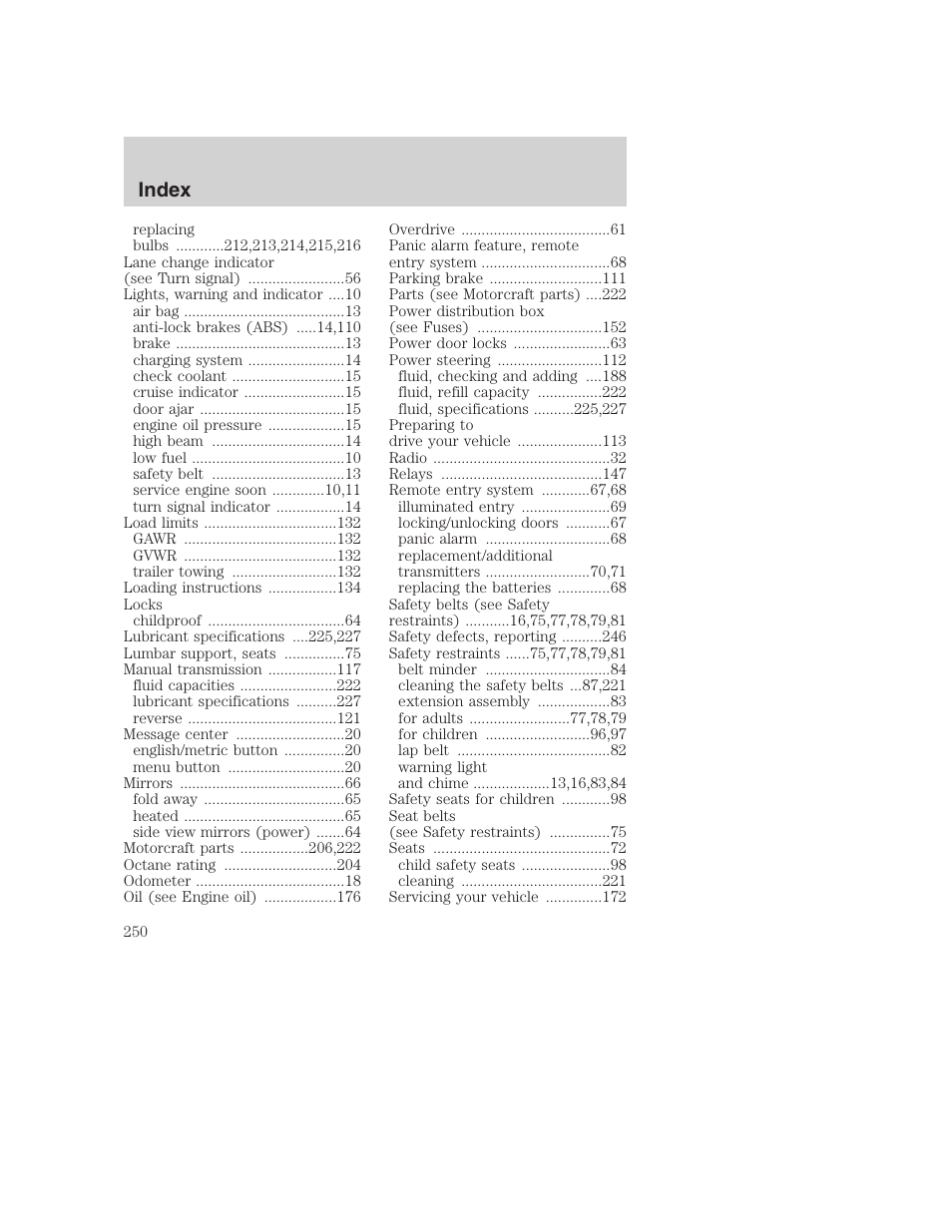 Index | FORD F-250 User Manual | Page 250 / 256