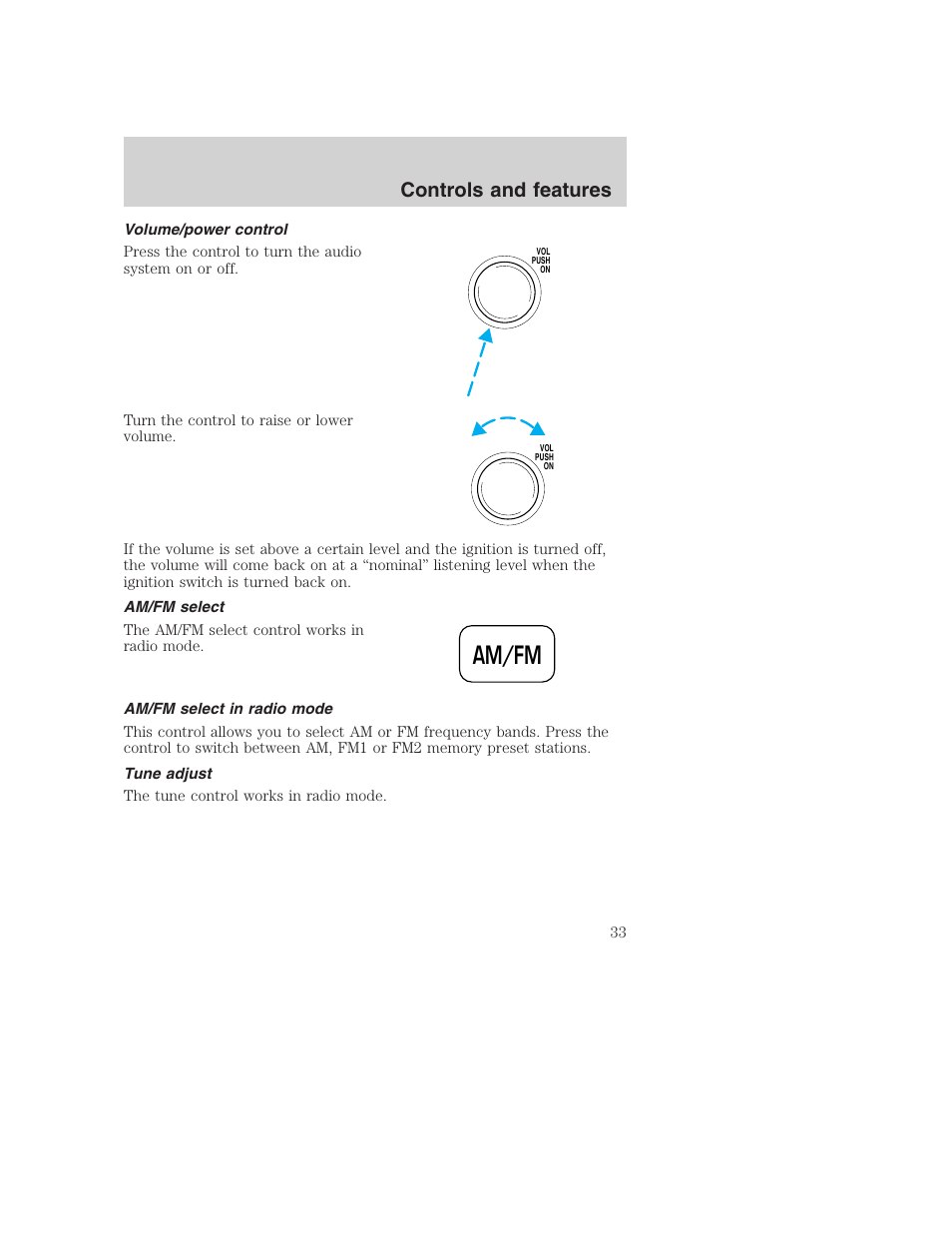 Am/fm, Controls and features | FORD F-250 User Manual | Page 33 / 256