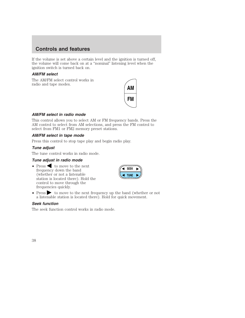 Am fm, Controls and features | FORD F-250 User Manual | Page 38 / 256