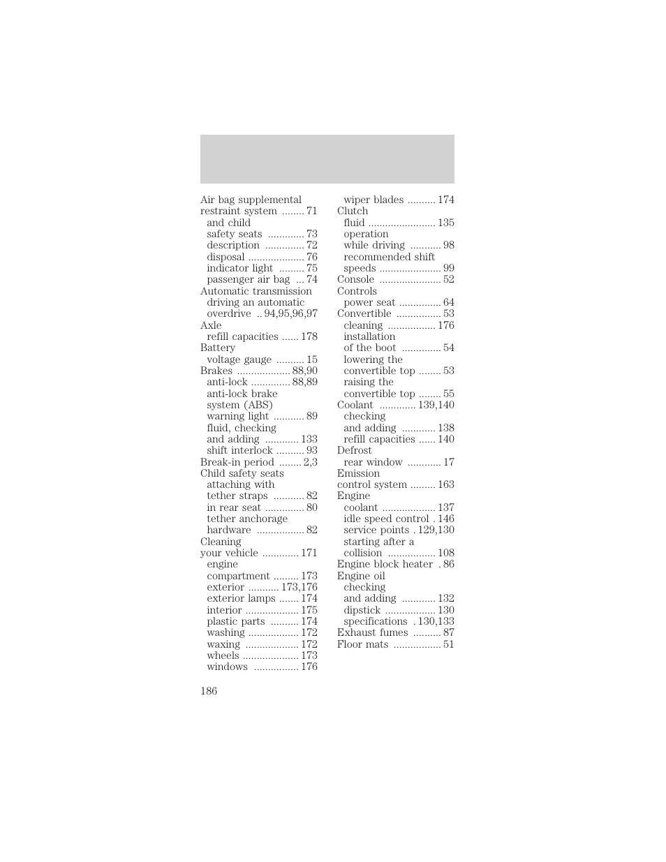 Index | FORD 1998 Mustang User Manual | Page 186 / 192