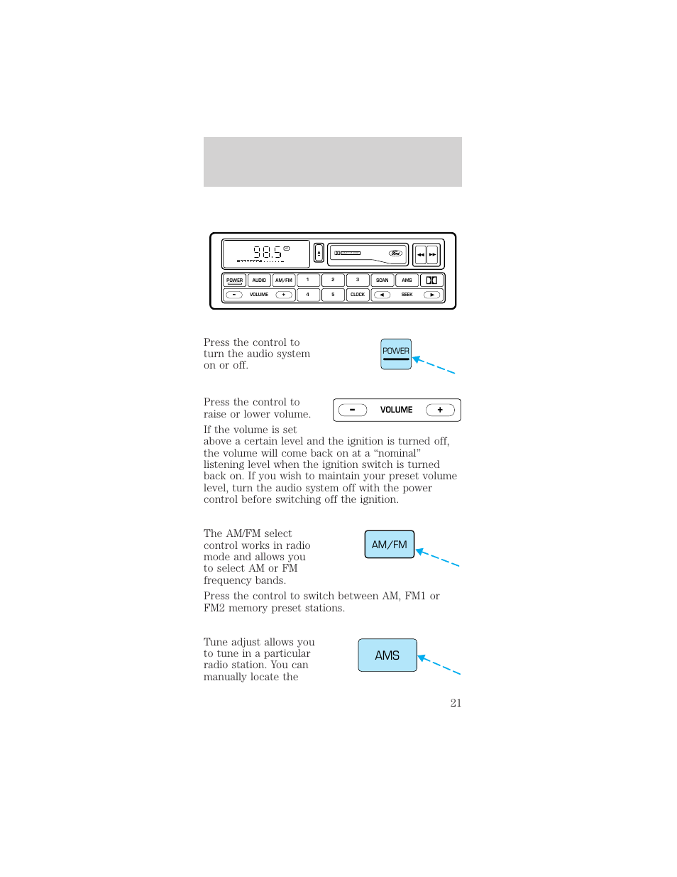 Controls and features, Am/fm | FORD 1998 Mustang User Manual | Page 21 / 192