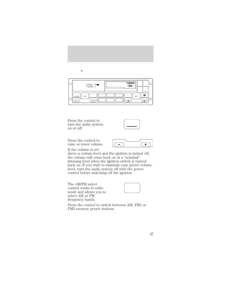 Controls and features, Power, Am/fm | FORD 1998 Mustang User Manual | Page 27 / 192