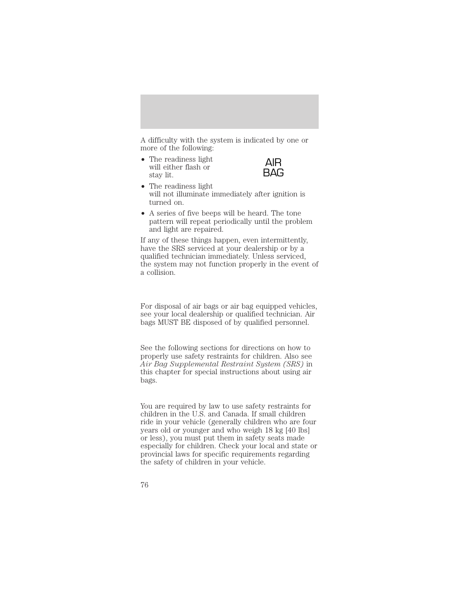 Air bag, Seating and safety restraints | FORD 1998 Mustang User Manual | Page 76 / 192