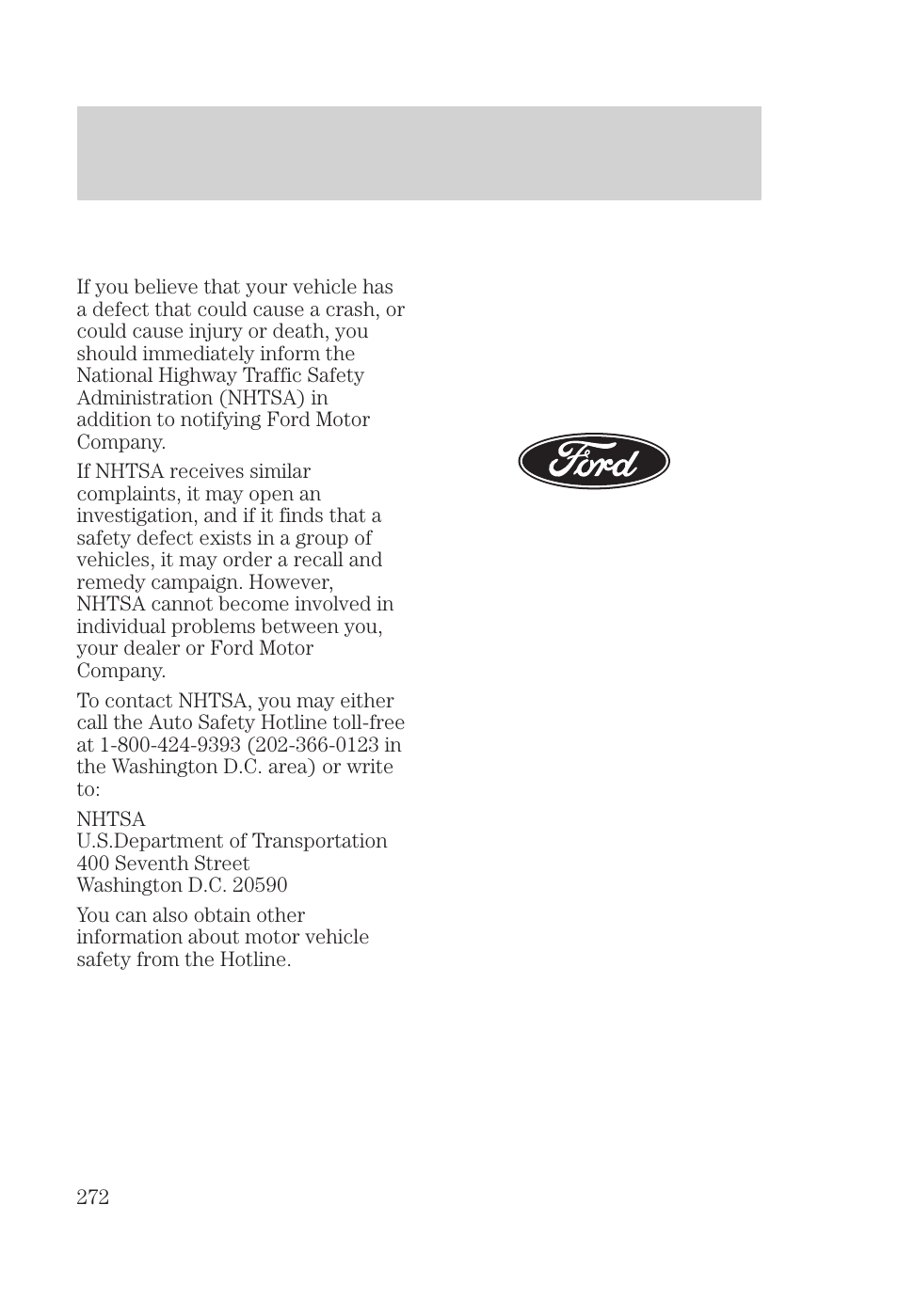 Reporting safety defects | FORD 2000 Focus User Manual | Page 272 / 280