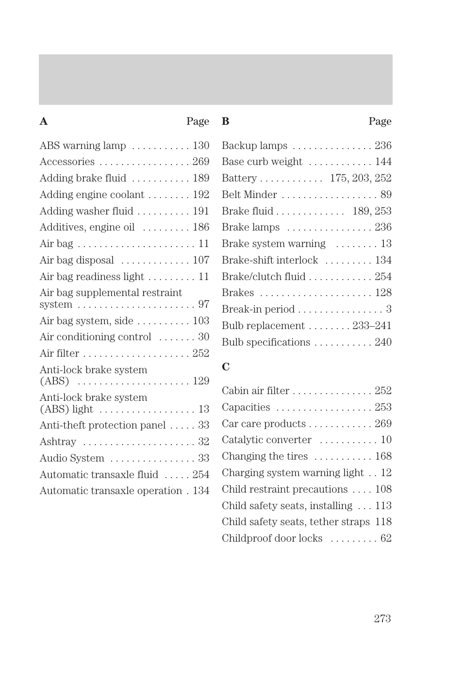 Index | FORD 2000 Focus User Manual | Page 273 / 280