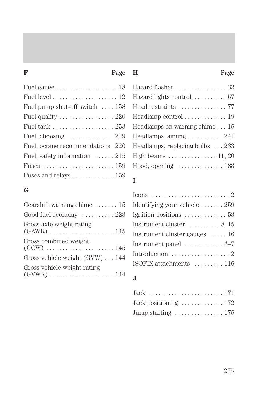 Index | FORD 2000 Focus User Manual | Page 275 / 280