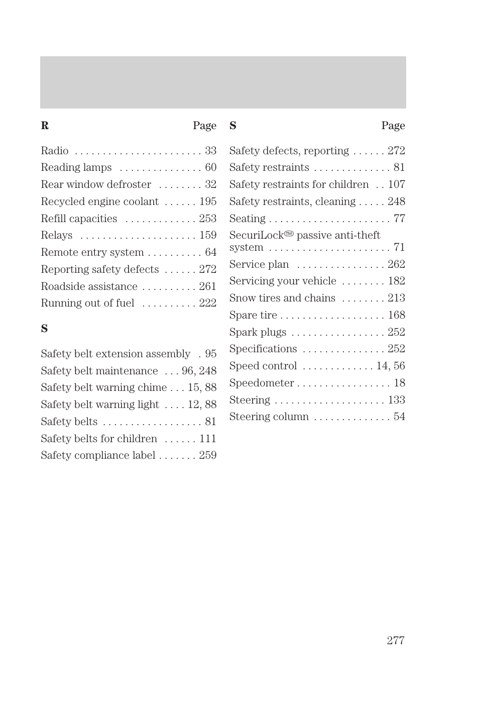 Index | FORD 2000 Focus User Manual | Page 277 / 280