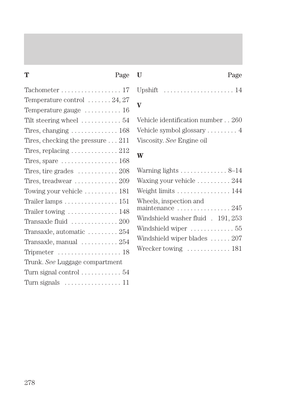 Index | FORD 2000 Focus User Manual | Page 278 / 280