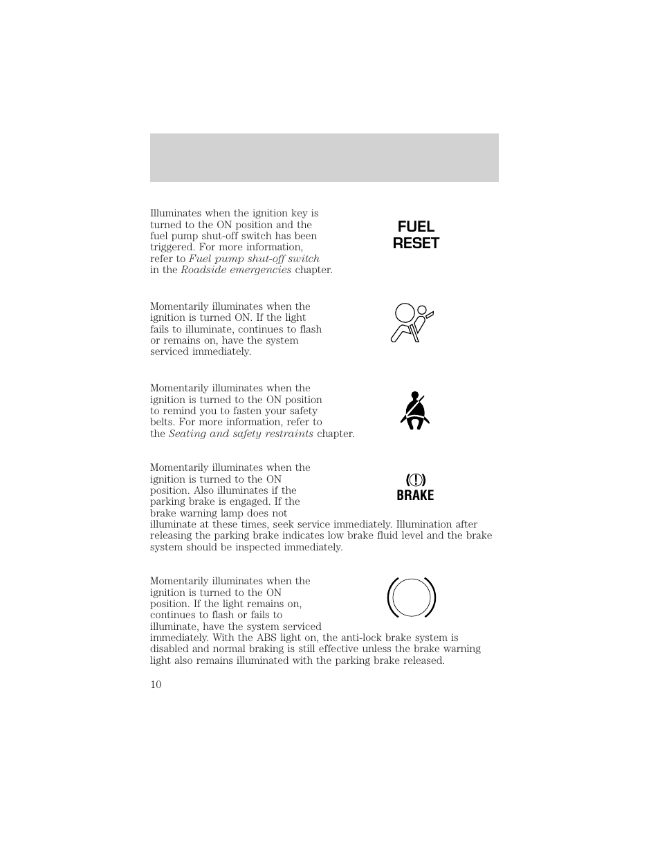 Fuel reset | FORD 2000 Ranger User Manual | Page 10 / 240