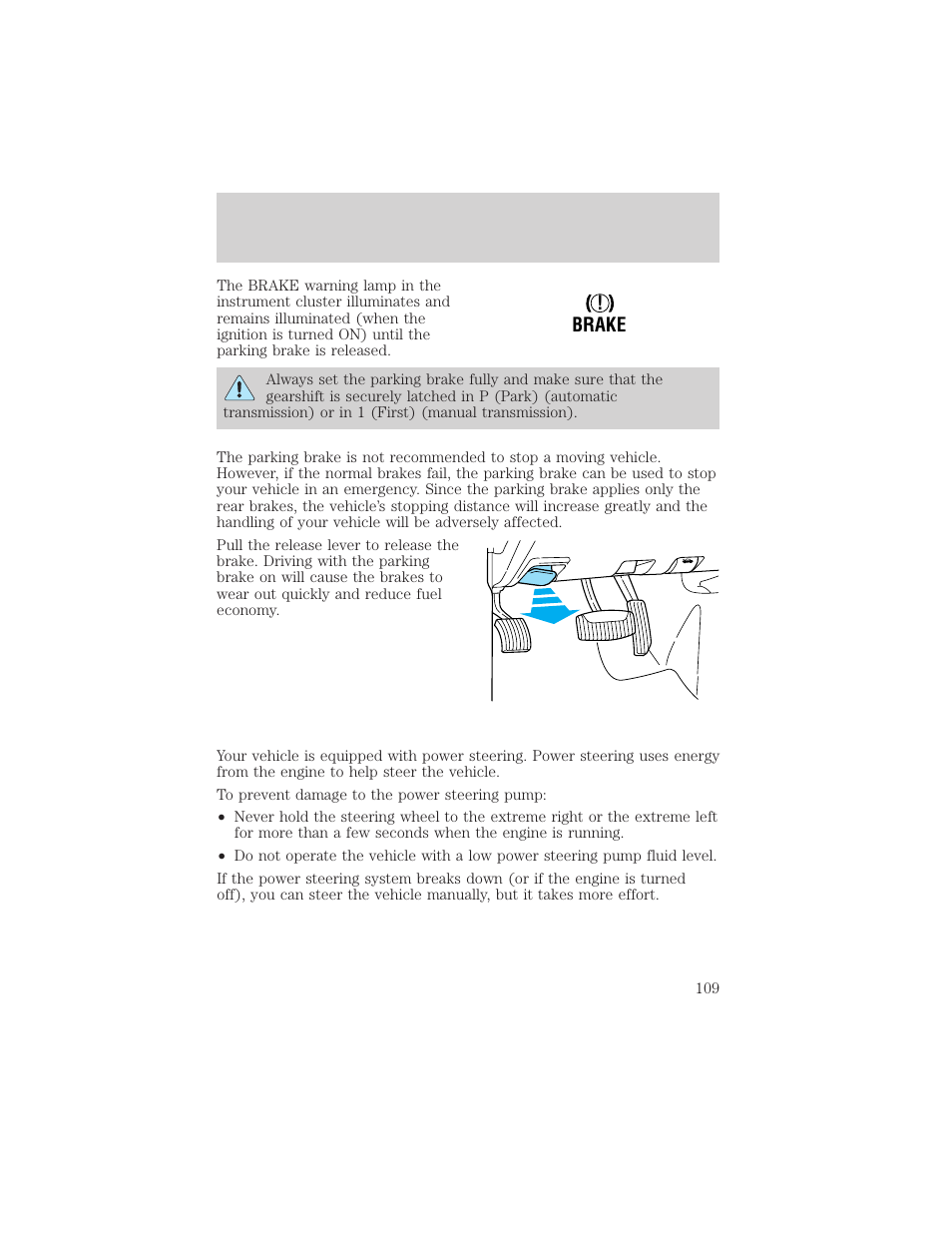 Driving, Brake | FORD 2000 Ranger User Manual | Page 109 / 240