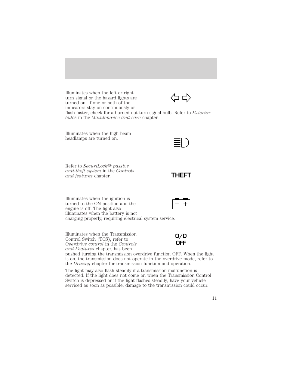 Theft, Instrumentation | FORD 2000 Ranger User Manual | Page 11 / 240