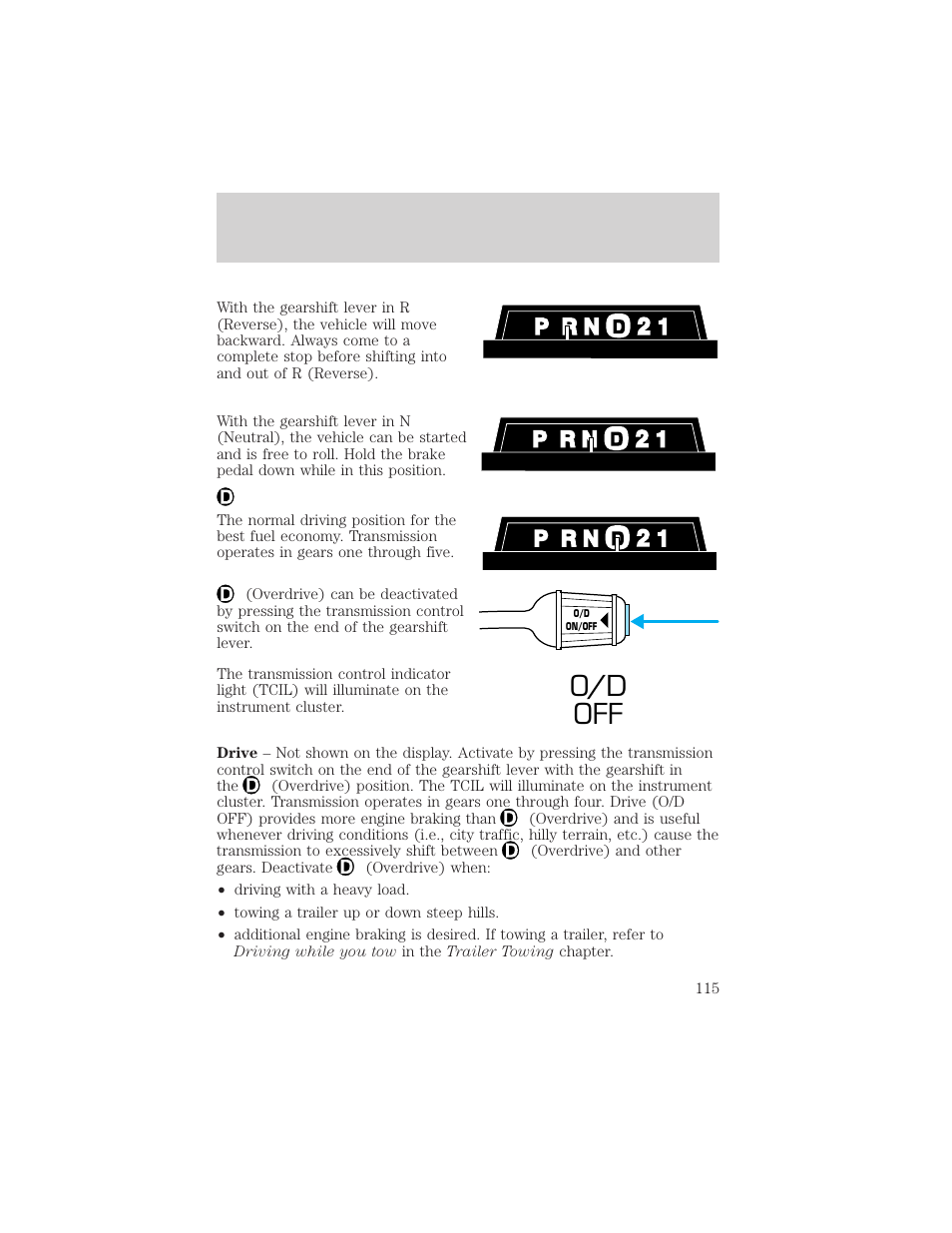 O/d off, Driving | FORD 2000 Ranger User Manual | Page 115 / 240