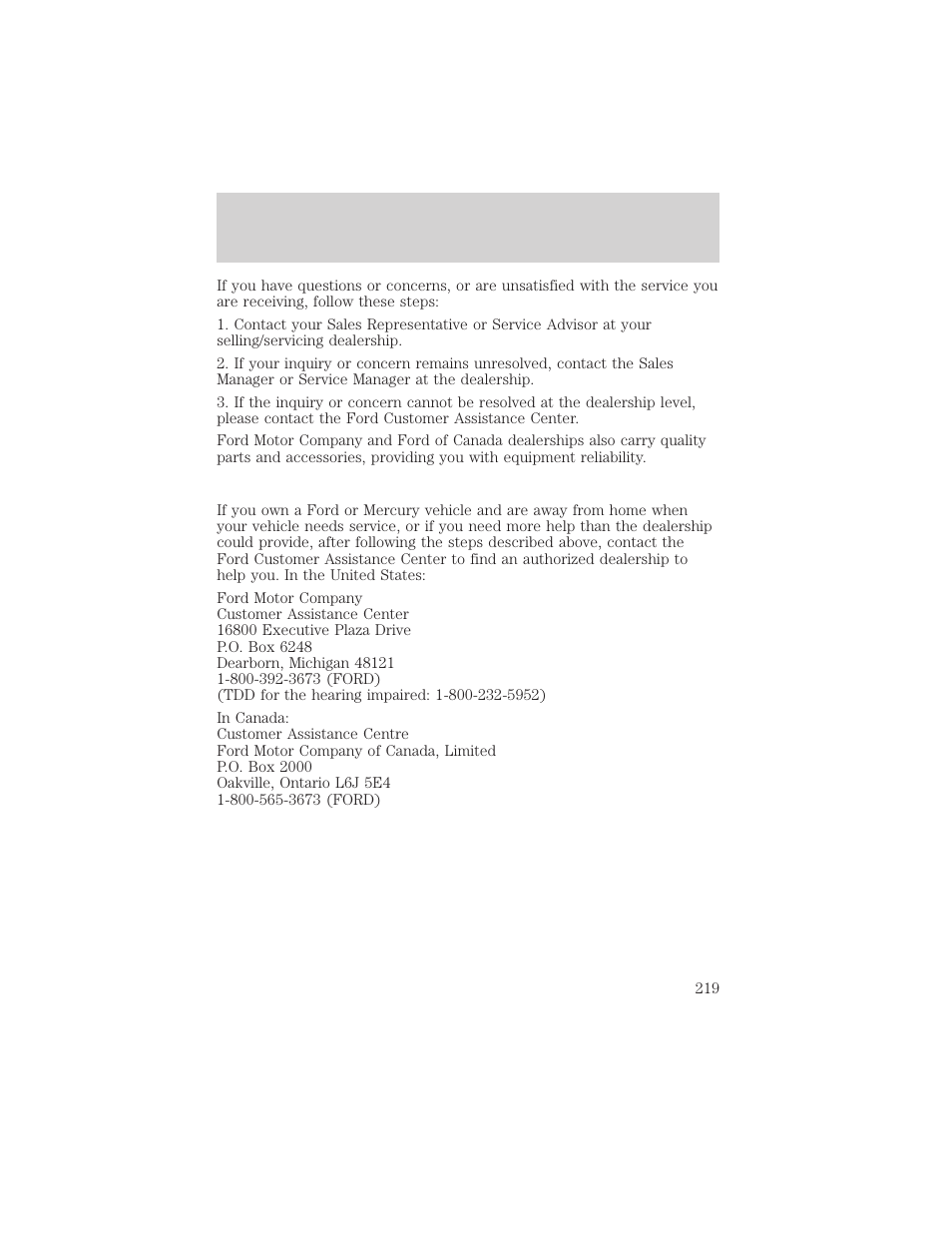 Customer assistance | FORD 2000 Ranger User Manual | Page 219 / 240