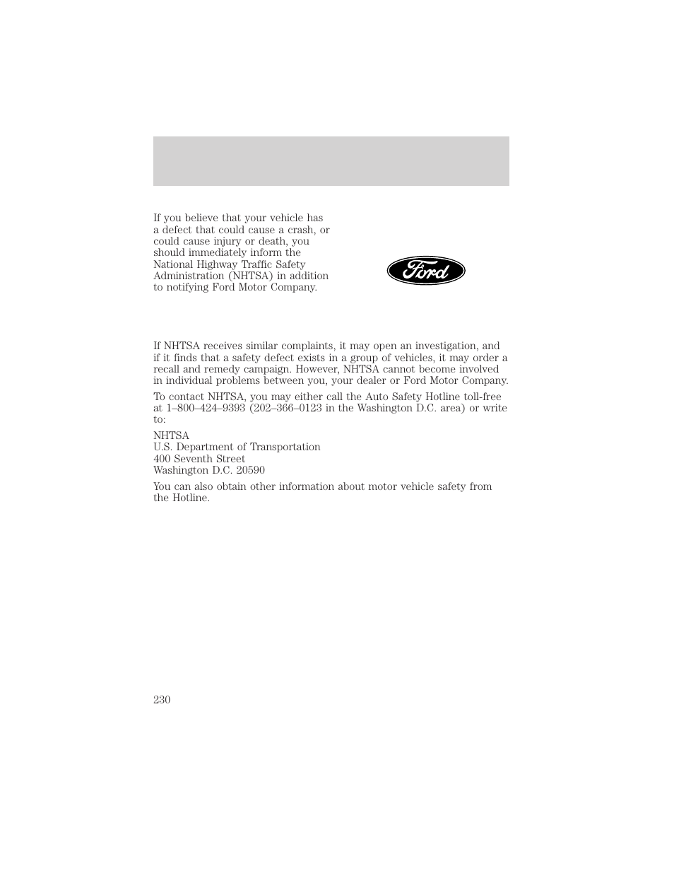 Reporting safety defects | FORD 2000 Ranger User Manual | Page 230 / 240