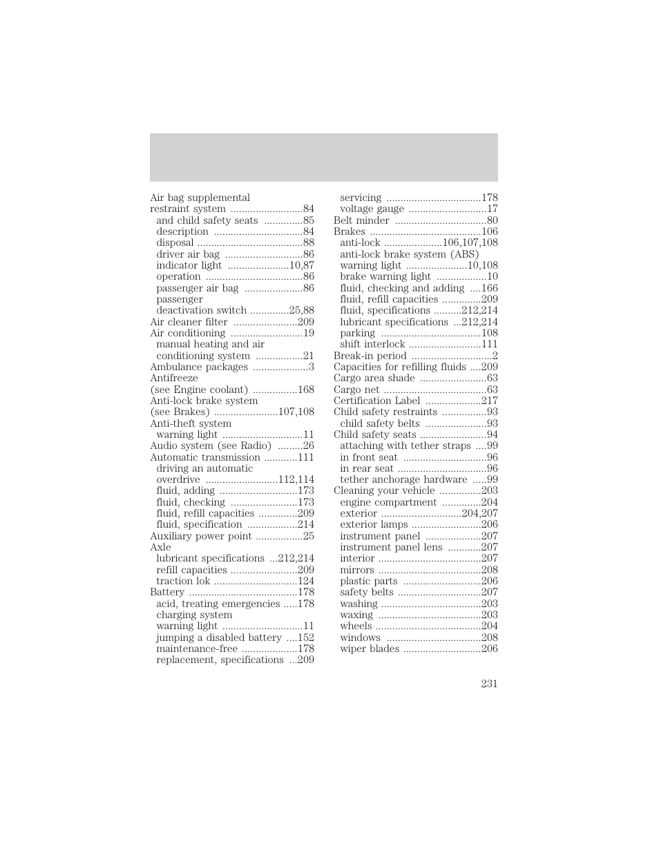 Index | FORD 2000 Ranger User Manual | Page 231 / 240