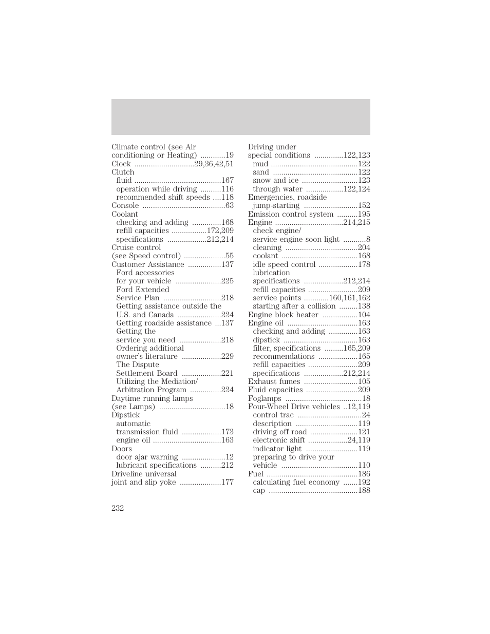 Index | FORD 2000 Ranger User Manual | Page 232 / 240