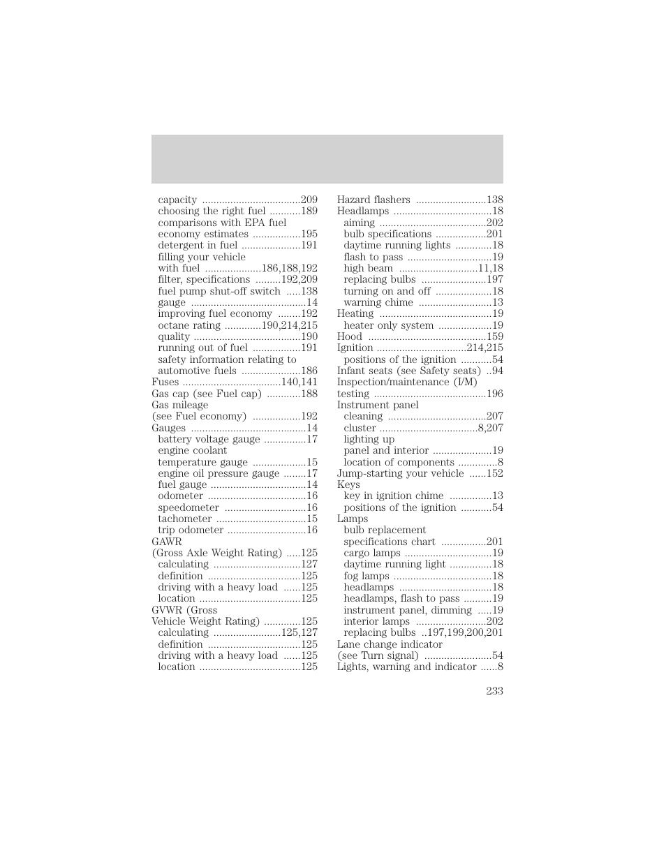 Index | FORD 2000 Ranger User Manual | Page 233 / 240
