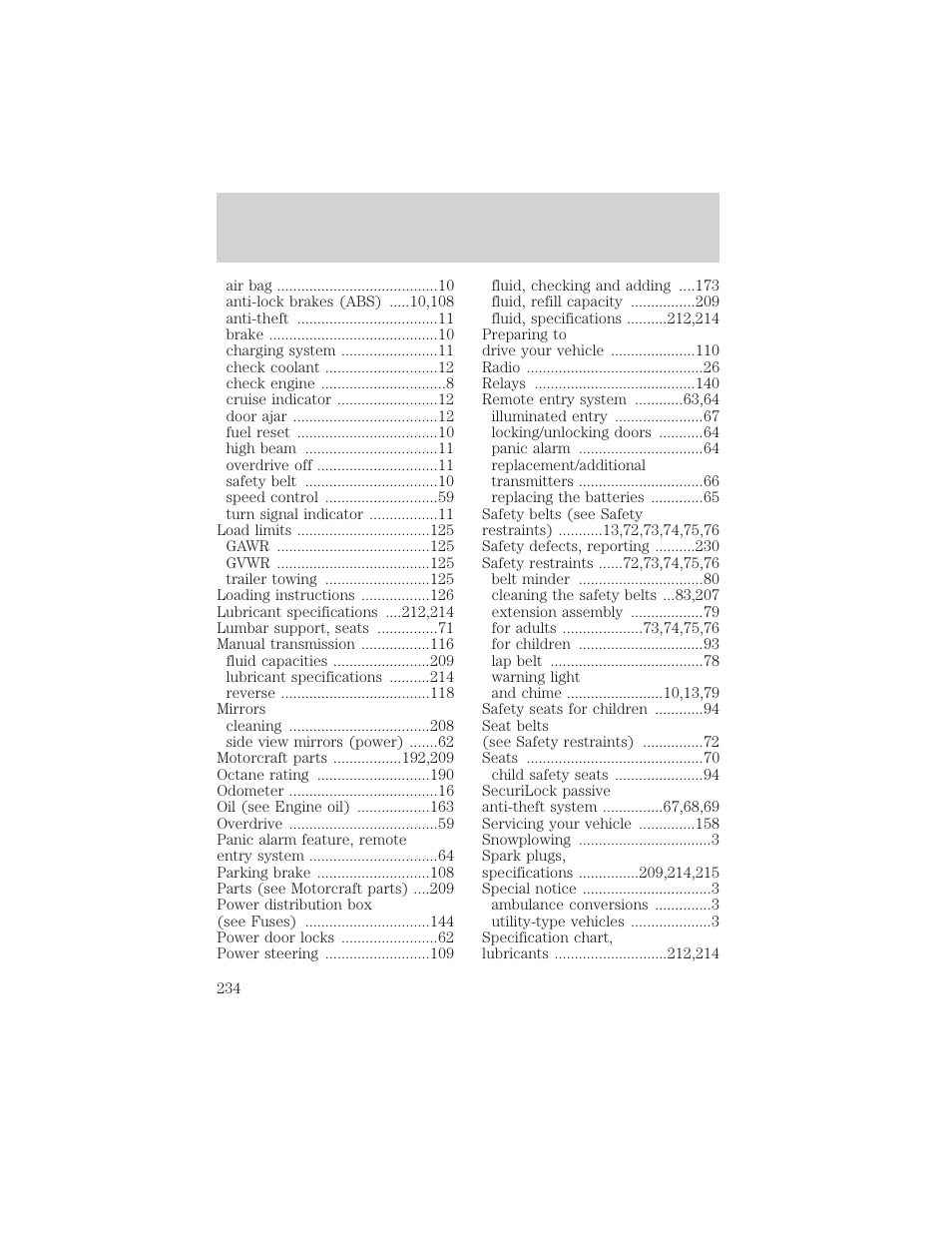 Index | FORD 2000 Ranger User Manual | Page 234 / 240