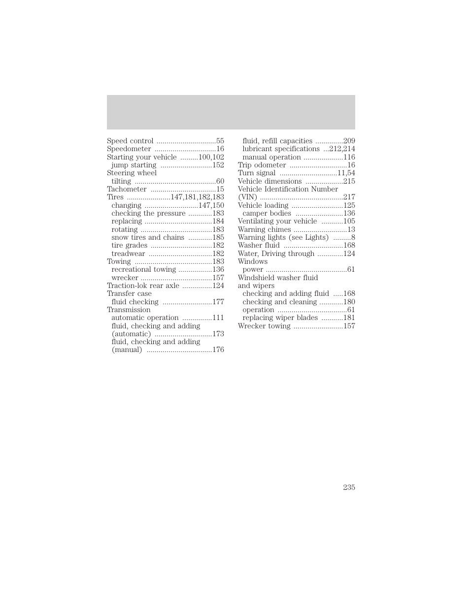 Index | FORD 2000 Ranger User Manual | Page 235 / 240