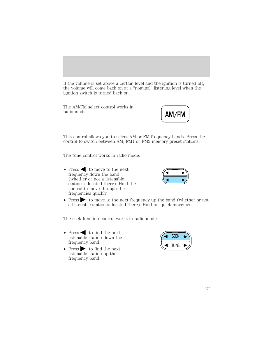 Am/fm, Controls and features | FORD 2000 Ranger User Manual | Page 27 / 240