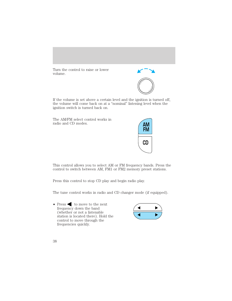 Cd am fm, Controls and features | FORD 2000 Ranger User Manual | Page 38 / 240