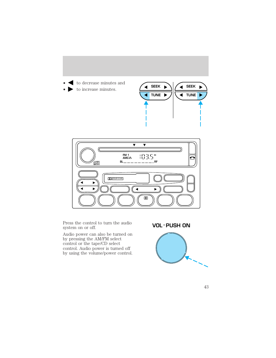 Controls and features, Vol - push on | FORD 2000 Ranger User Manual | Page 43 / 240