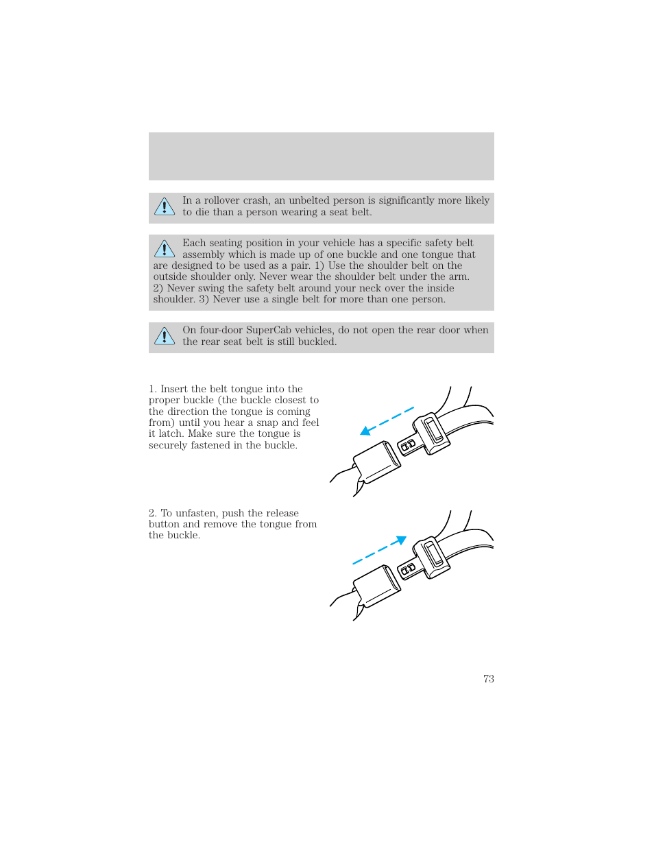 Seating and safety restraints | FORD 2000 Ranger User Manual | Page 73 / 240