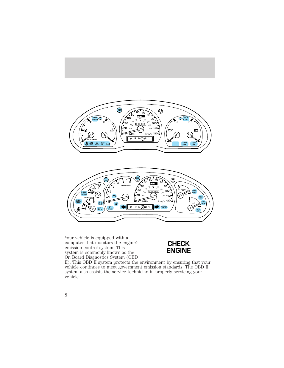Check engine, Instrumentation | FORD 2000 Ranger User Manual | Page 8 / 240
