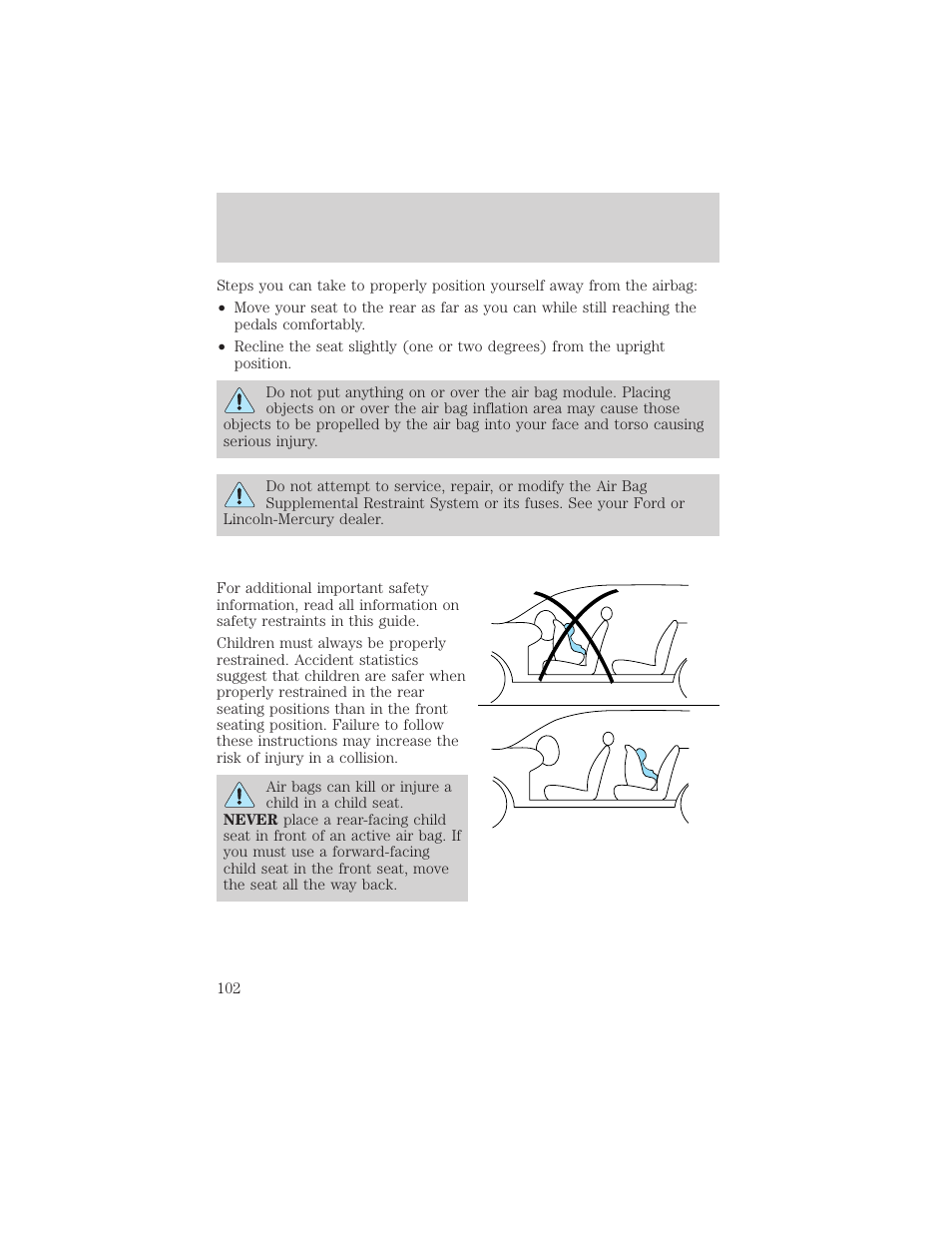 Seating and safety restraints | FORD 1999 Crown Victoria User Manual | Page 102 / 208