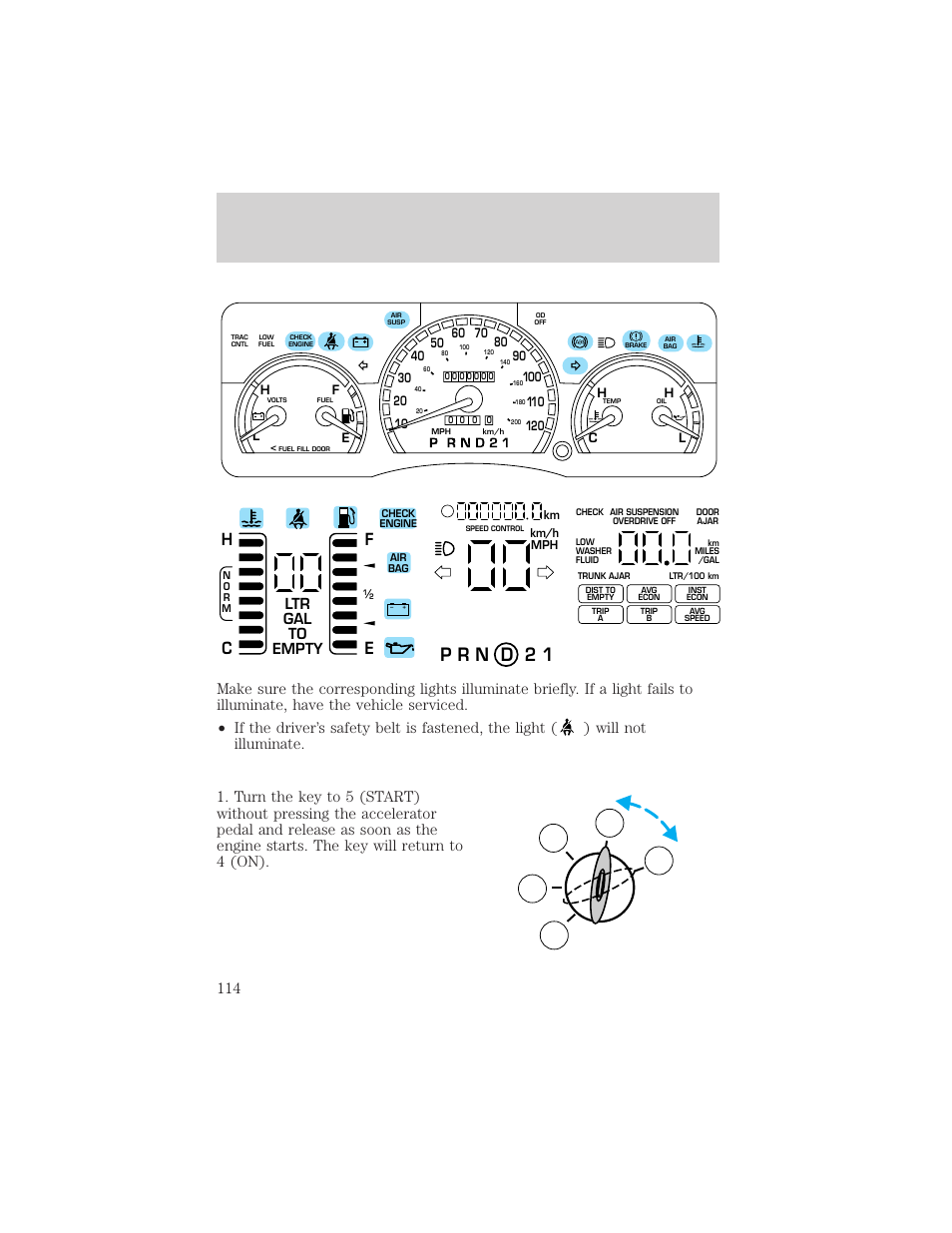 Starting, Ltr gal to empty | FORD 1999 Crown Victoria User Manual | Page 114 / 208