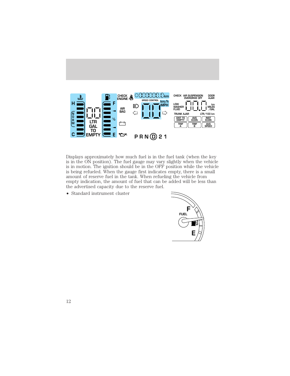 Finstrumentation, Ltr gal to empty | FORD 1999 Crown Victoria User Manual | Page 12 / 208