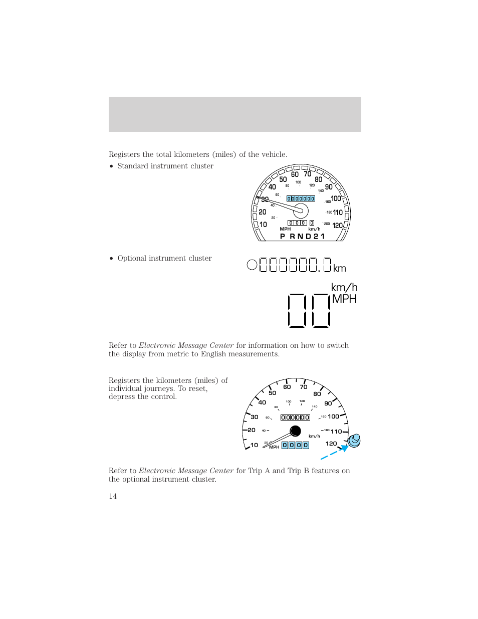 Km/h mph, Km s, Instrumentation | FORD 1999 Crown Victoria User Manual | Page 14 / 208