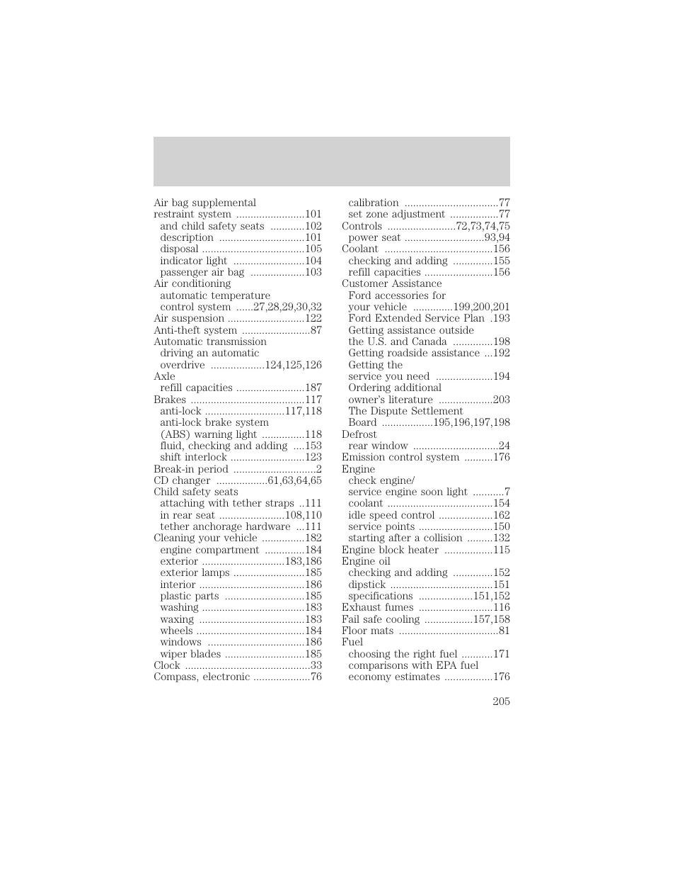 Index | FORD 1999 Crown Victoria User Manual | Page 205 / 208