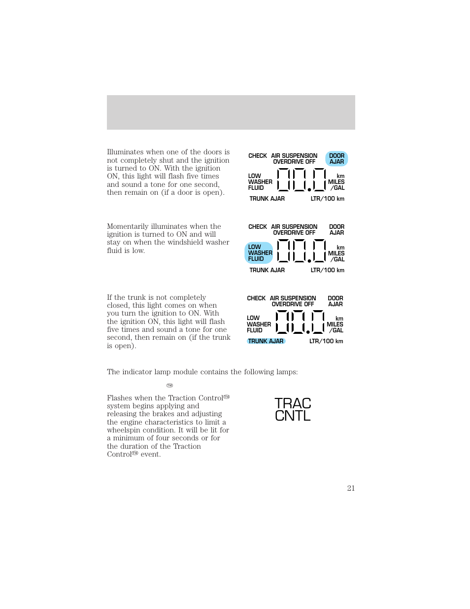 Trac cntl, Instrumentation | FORD 1999 Crown Victoria User Manual | Page 21 / 208