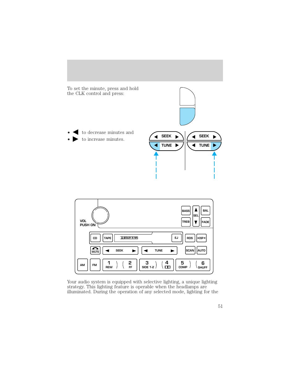 Controls and features, Scn clk | FORD 1999 Crown Victoria User Manual | Page 51 / 208