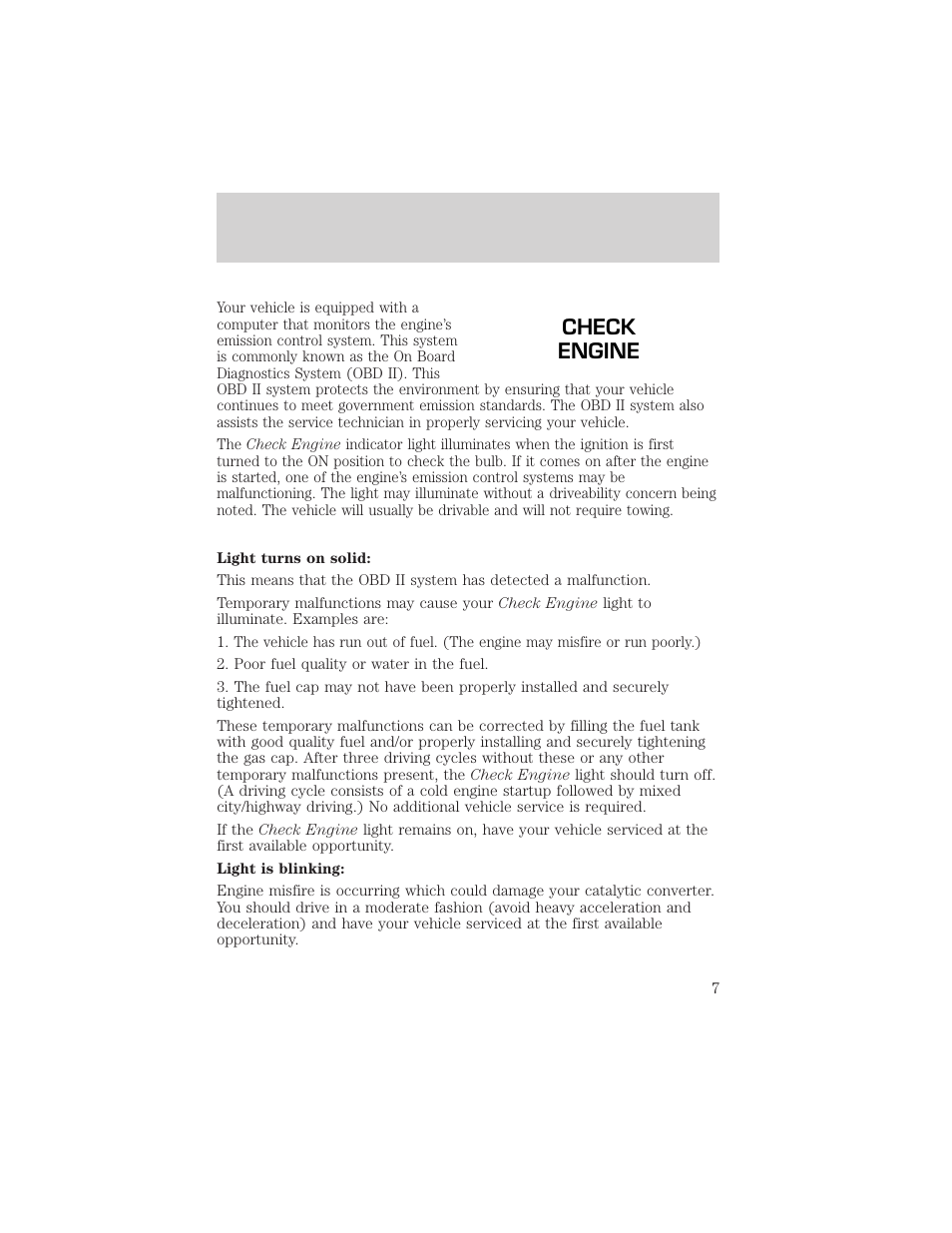 Check engine, Instrumentation | FORD 1999 Crown Victoria User Manual | Page 7 / 208