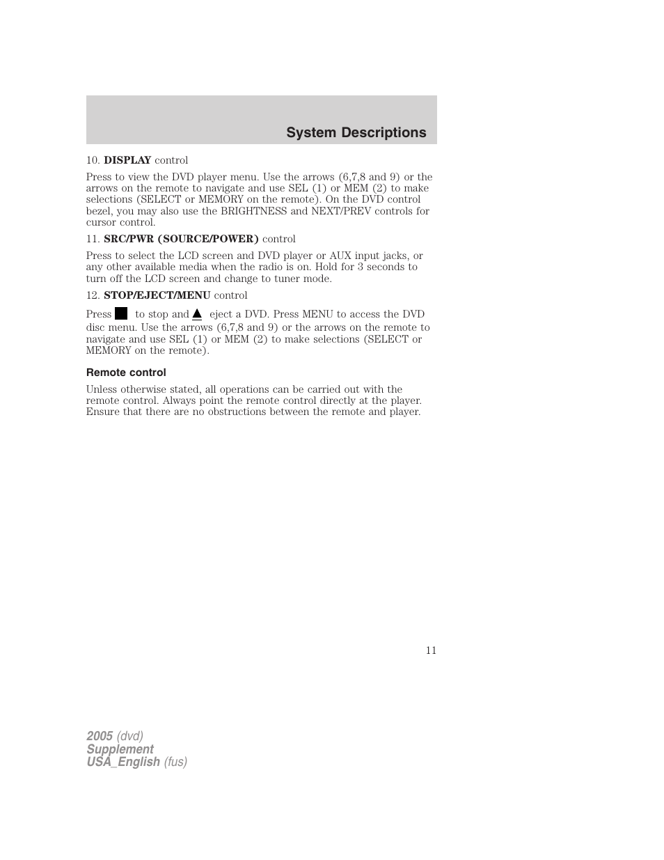 System descriptions | FORD 2005 Grand Marquis User Manual | Page 11 / 56