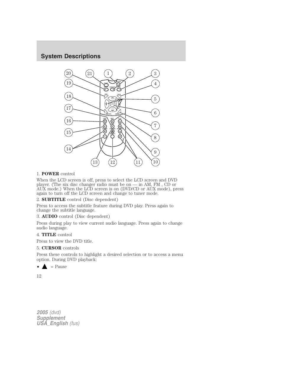 System descriptions, 2005 (dvd) supplement usa_english (fus) | FORD 2005 Grand Marquis User Manual | Page 12 / 56