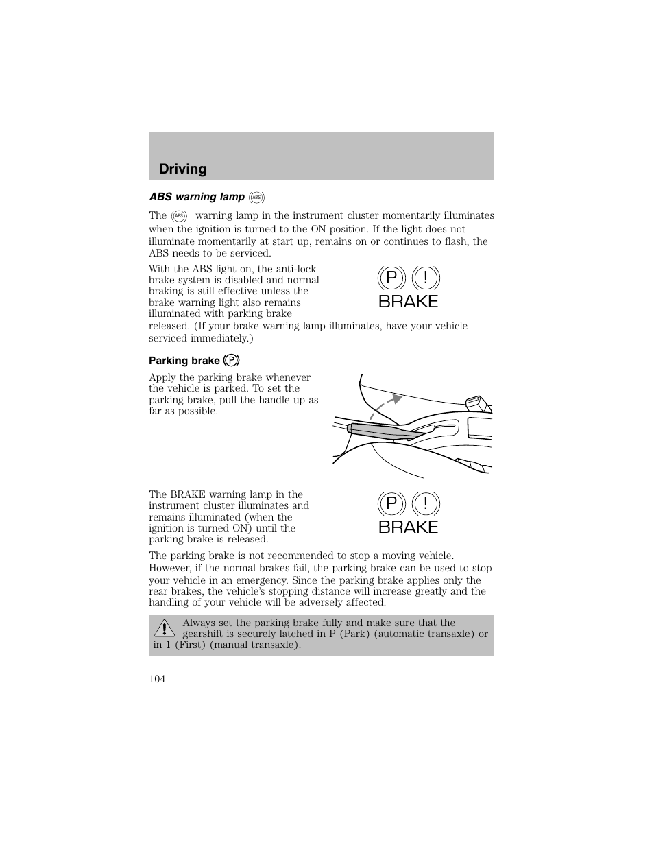 P! brake p ! brake | FORD 2002 Escort User Manual | Page 104 / 208