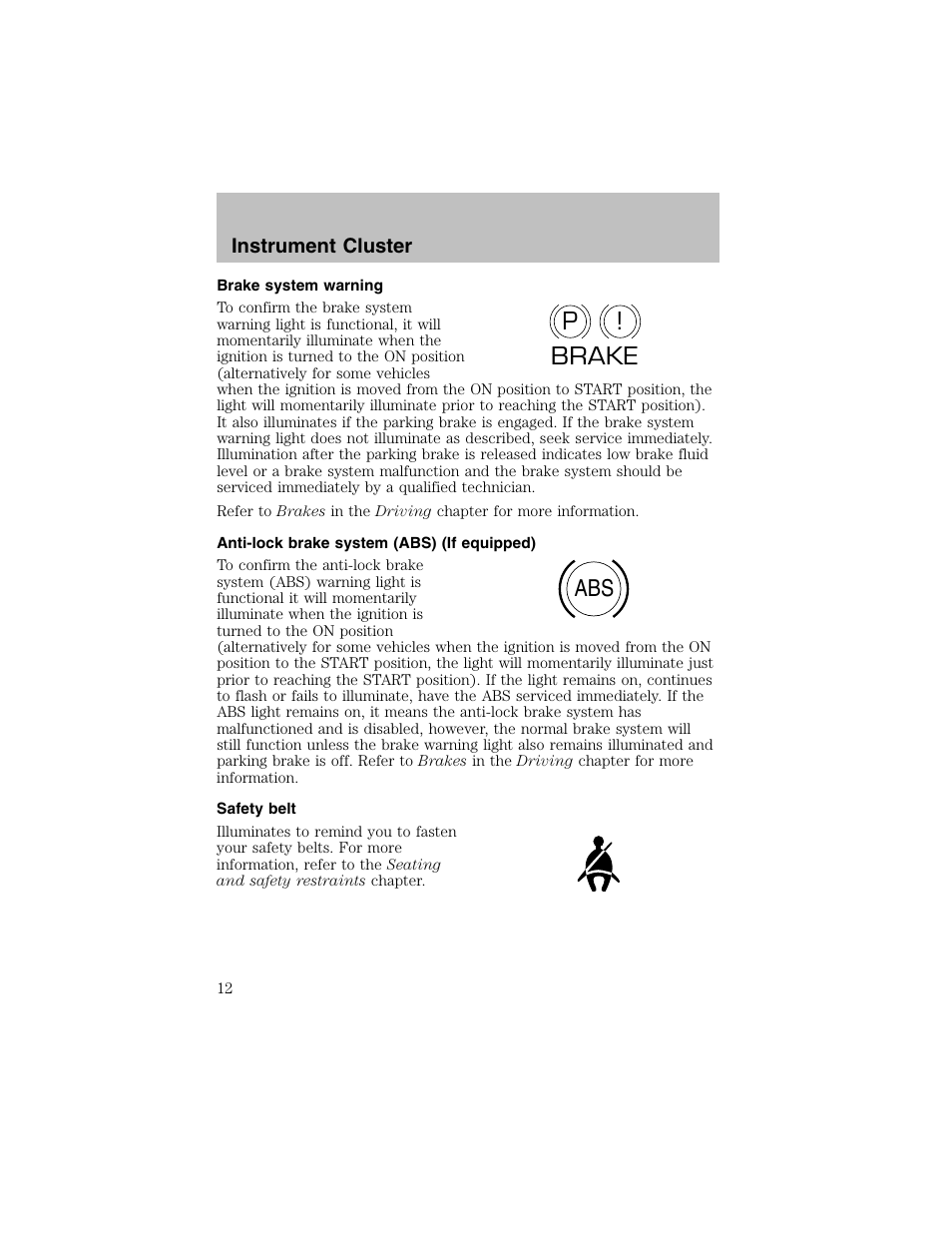 P! brake abs | FORD 2002 Escort User Manual | Page 12 / 208