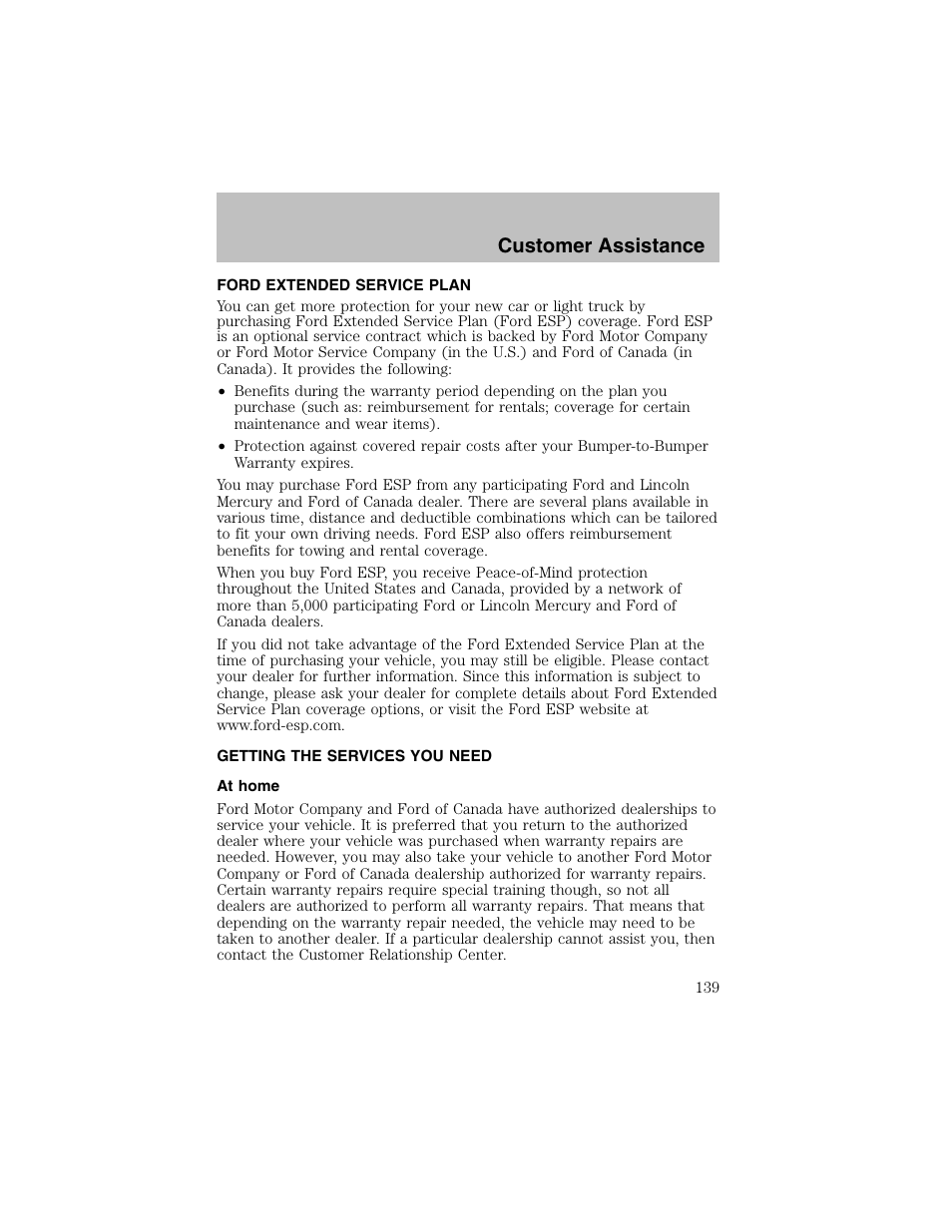 Customer assistance | FORD 2002 Escort User Manual | Page 139 / 208