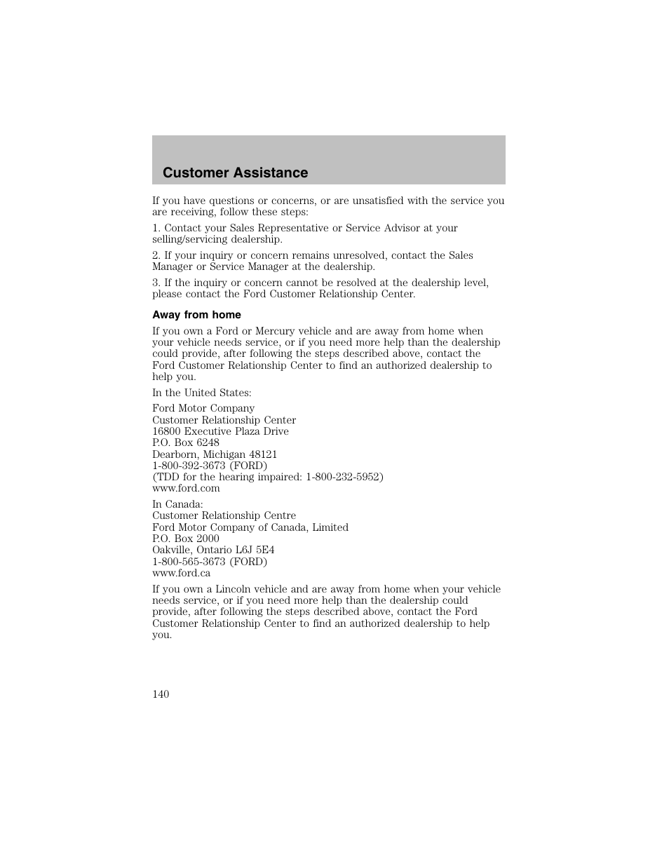 Customer assistance | FORD 2002 Escort User Manual | Page 140 / 208