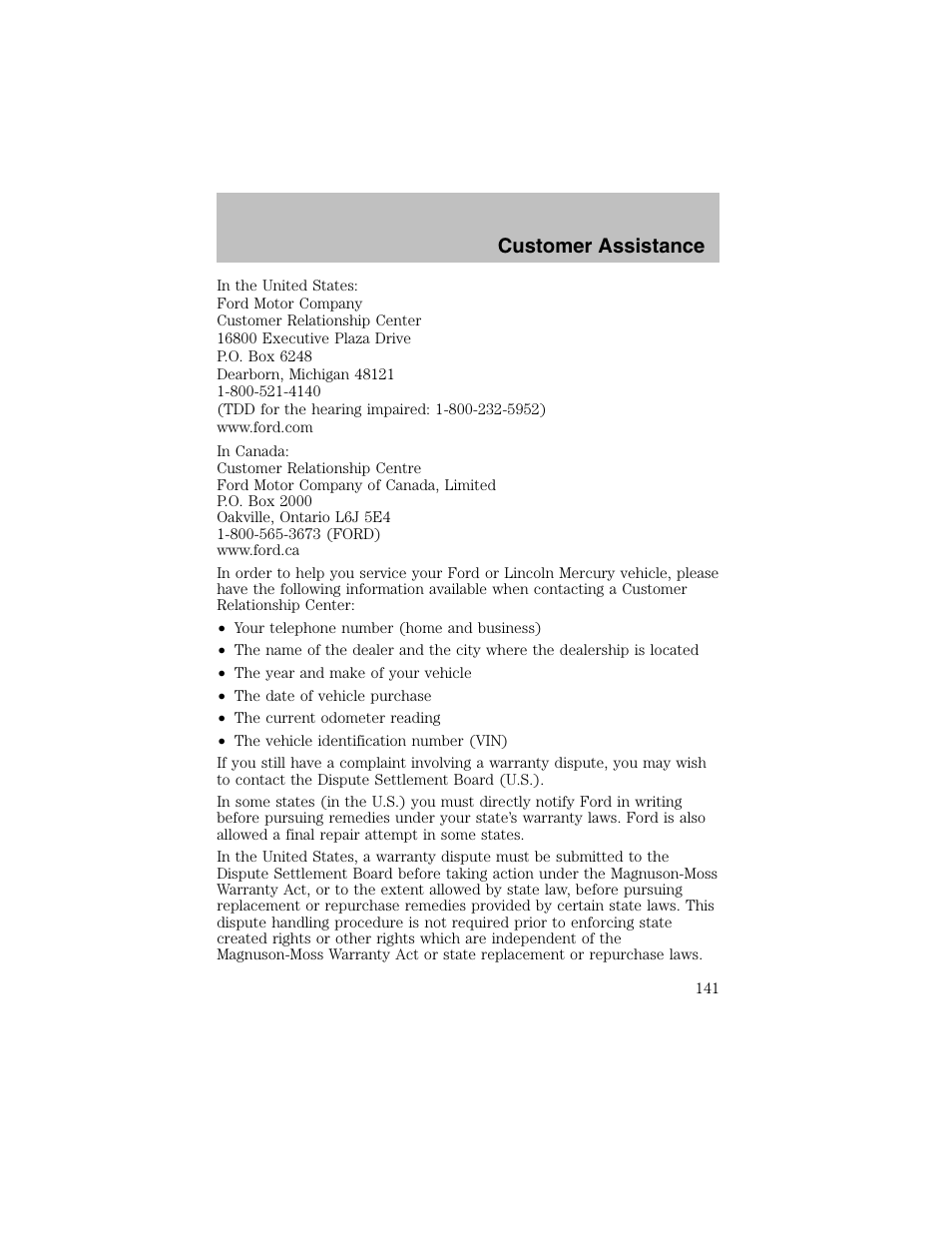 Customer assistance | FORD 2002 Escort User Manual | Page 141 / 208