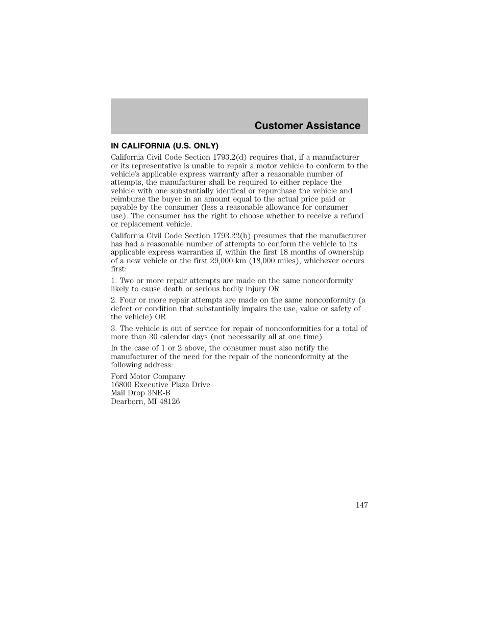 Customer assistance | FORD 2002 Escort User Manual | Page 147 / 208