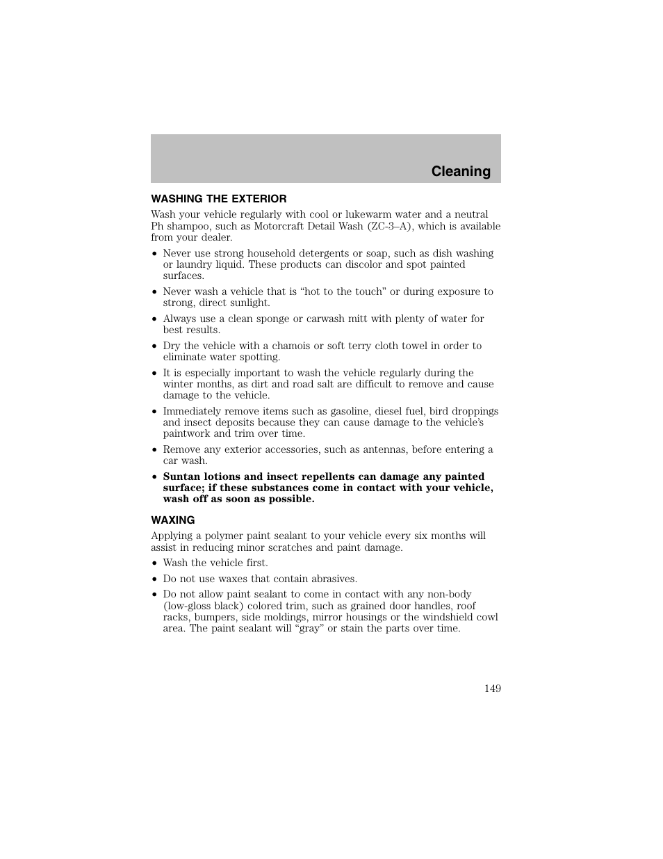 Cleaning | FORD 2002 Escort User Manual | Page 149 / 208