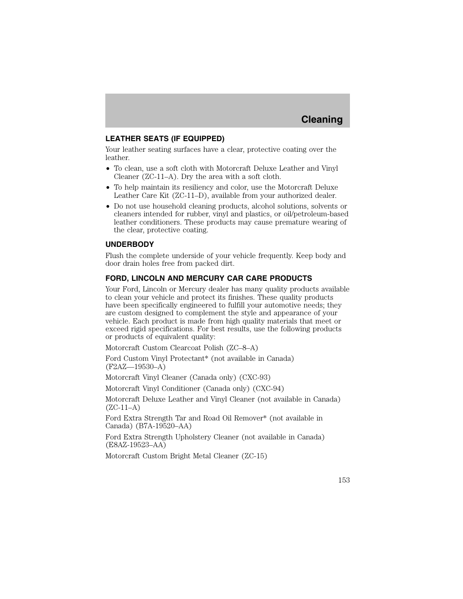 Cleaning | FORD 2002 Escort User Manual | Page 153 / 208