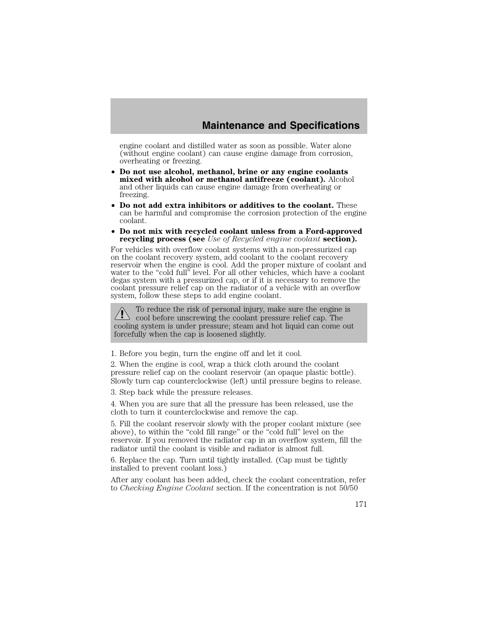 Maintenance and specifications | FORD 2002 Escort User Manual | Page 171 / 208