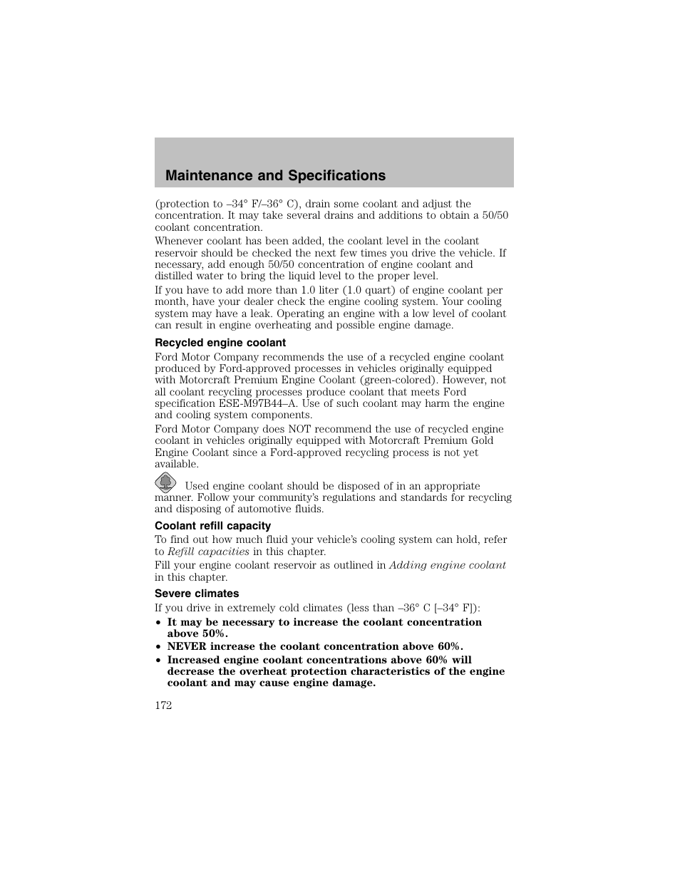 Maintenance and specifications | FORD 2002 Escort User Manual | Page 172 / 208